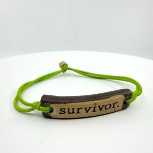 Green Cord Survivor Bracelet Ceramic Bar Boho Inspirational Handmade Jewelry